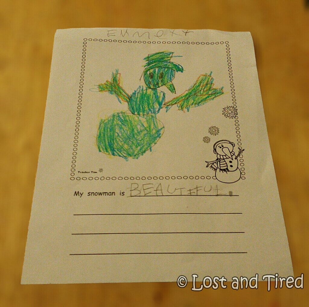 Emmett's art: I think green looks good on a snowman